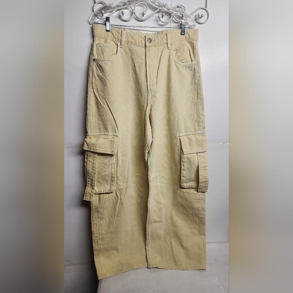 Cotton On Boyfriend Super Baggy Pale Yellow Cargo Multiple Pockets Pants Sz 28
